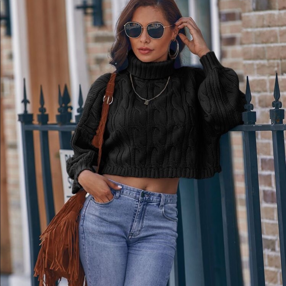 SHEIN Black High Neck Cable Knit Crop Sweater Women’s Size MD